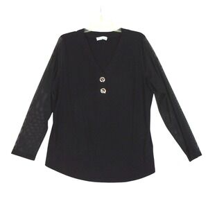 89th + Madison Womens Black Mesh Sleeve‎ V-Neck Toggle Top Blouse 1X RN114186